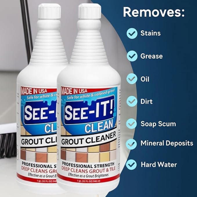 SEE-IT! Grout & Tile Deep Cleaner Brightener & Heavy-Duty Stain Remover Acid-Free Safe for Ceramic, Porcelain, Marble, Stone - Two 32 fl. oz. Bottles with Floor Cleaning Brush