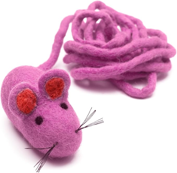 Glaciart One Felt Mouse Cat Toy – Soft Fuzzy Enrichment 100% Natural Wool - Interactive Catnip Play Cat Toy Set - Safe for Pets, Non-AZO Colored Dyes - 100” Long