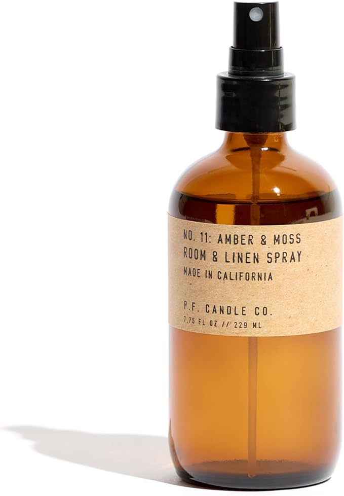 P.F. Candle Co. Amber & Moss Scented Room & Linen Spray (7.75 fl oz) Amber Glass Bottle, Fine Fragrance Oil, Quick Fabric and Air Refresher, Made In The U.S.A.