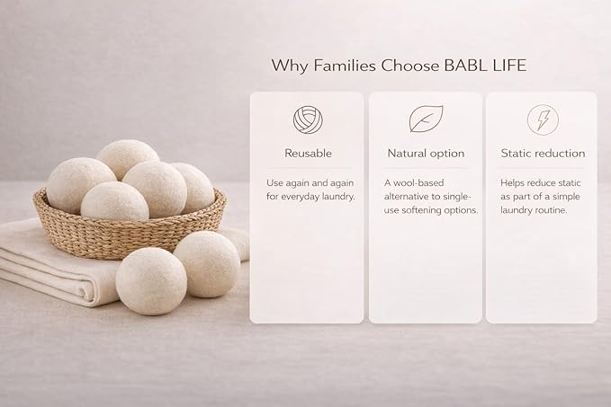 Wool Dryer Balls 6 Pack, 2.6 Inch, 100% New Zealand Wool, Reusable Natural Fabric Softener for Everyday Laundry, Helps Reduce Drying Time, Wrinkles and Static Cling