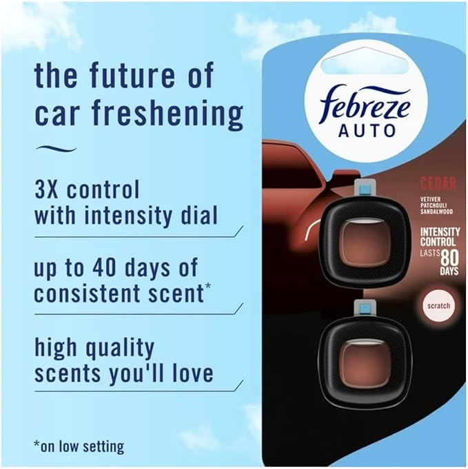 Febreeze Auto Air Freshener Vent Clips, Cedar with Vetiver, Patchouli, Sandalwood Scent, 2 Count, 80 Day Intensity Control