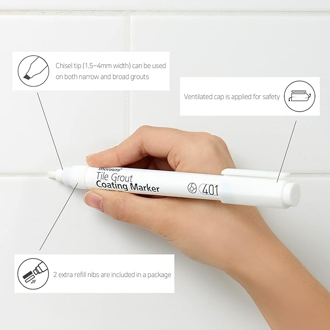 MONAMI Tile Grout Coating Marker 401, Chisel Tip (1.5~4mm), Repair Marker with Replaceable Nib Tips to Restore Grout Lines, White, 1 Marker + 2 Extra Tips