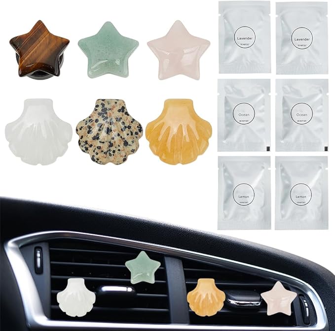 PLIGREAT 6 Pcs Natural Stone Car Vent Clips, Cute Star SeaShell Air Freshener Vent Clips Boho Stone Accessories for Women Men Car Interior Decor, 2 Shapes