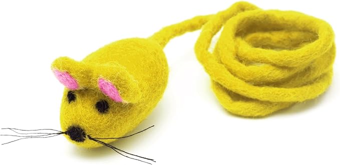 Glaciart One Felt Mouse Cat Toy – Soft Fuzzy Enrichment 100% Natural Wool - Interactive Catnip Play Cat Toy Set - Safe for Pets, Non-AZO Colored Dyes - 42” Long