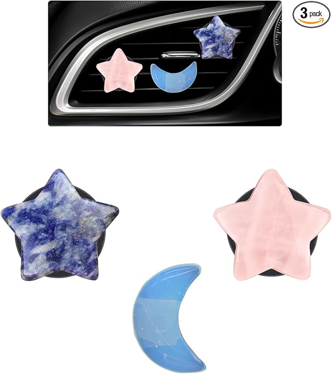 Moon Stars Car Decor,Boho Air Vent Clips,Refillable Car Fresheners,3pcs Natural Crystal Stone Hippie Dashboard Decorations Accessories,Best Wishes for Lover and Friend (Blue & Pink)