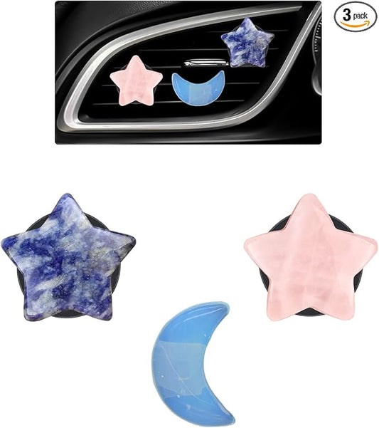 Moon Stars Car Decor,Boho Air Vent Clips,Refillable Car Fresheners,3pcs Natural Crystal Stone Hippie Dashboard Decorations Accessories,Best Wishes for Lover and Friend (Blue & Pink)