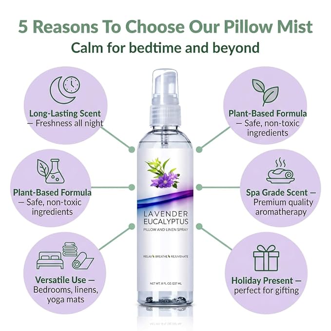 Lavender Eucalyptus Pillow Spray, Aromatherapy Linen & Bedding Mist, Natural Essential Oil Room Spritz for Relaxation, Stress and Air Freshener, Fabric Refresher for Calm Sleeping
