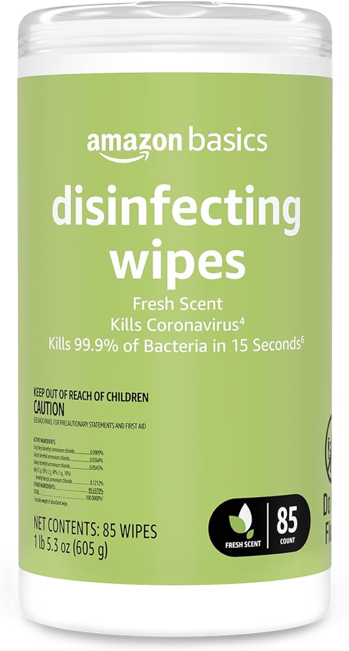 Amazon Basics Disinfecting Wipes, Fresh Scent, Sanitizes/Cleans/Disinfects/Deodorizes, 85 Count, for Hard Nonporous Surfaces
