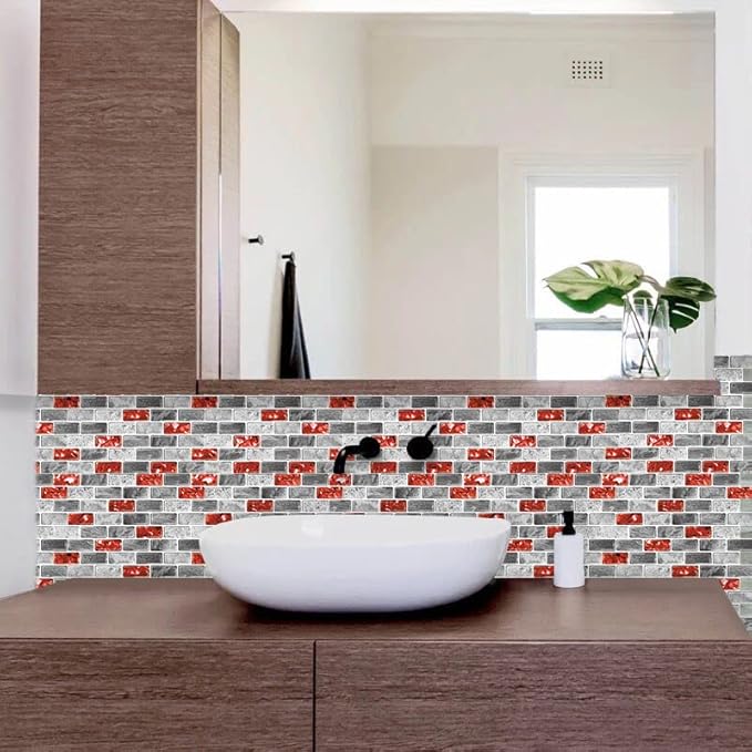 Marble Peel and Stick Backsplash for Kitchen, 10-Sheet Stick on Backsplash for Bathroom, Large Self-Adhesive Kitchen Backsplash, Red Marble Look Decorative Tiles（12"×12"）