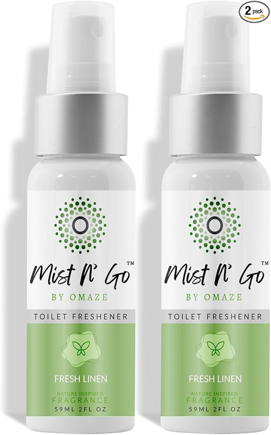 Mist N??Go by Omaze Travel Bathroom Spray for Toilet Spray Odor Eliminator - Travel Toilet Spray for Bathroom Air Freshener Spray for Bathroom Deodorizer - Fresh Linen Regular Size (2oz x2)