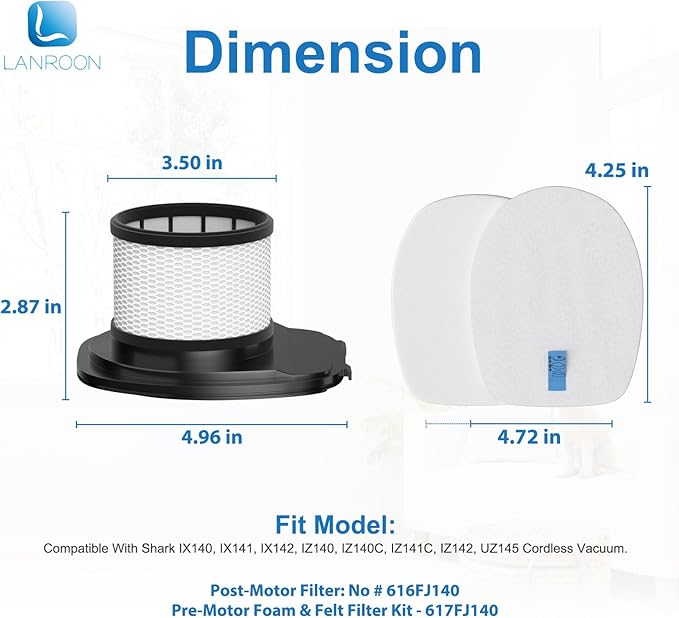 IX141 Filters Fit for Shark IX141 IX140 IZ140 IX142 IZ140C IZ142 UZ145 IZ141C IX141H WZ140 Stick Vacuum, Replace Part 616FJ140 & 617FJ140, 2 Pack HEPA Filter 6 Pack Foam & Felt Filter Kit