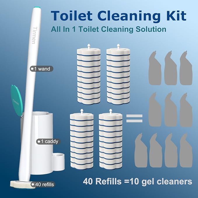 Disposable Toilet Brush: Toilet Bowl Brush and Holder Set with 40 Wand Refills, Upgraded Handle, 2X Cleaners, Toilet Cleaning System with Storage Caddy for Sink, Bathtub, Floor, Drain (Green)