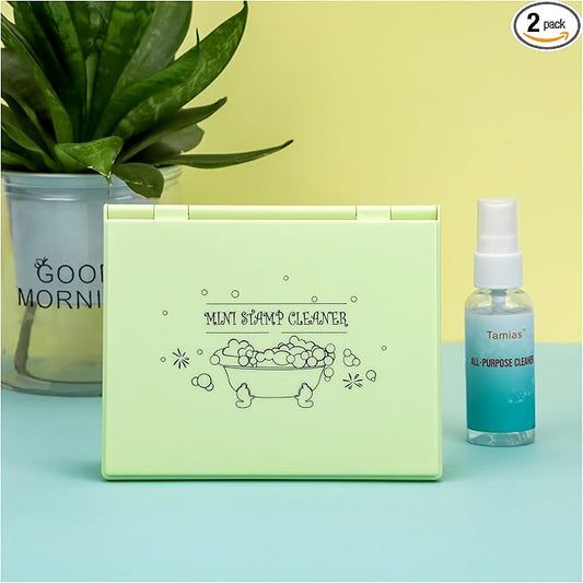 Briartw Stamp Cleaning Kit:Yellow Stamp Scrubber & All-Purpose Stamp Cleaner Spray | Dual-Sided Cleaning Pad for Rubber, Clear, Cling & Foam Stamps | Complete Care for Water-Based & Permanent Inks