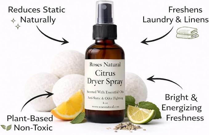 Wool Dryer Balls & Dryer Spray Bundle – 3 Reusable Dryer Balls + Plant-Based Essential Oil Dryer Spray, Natural Fabric Freshener, Anti-Static & Odor Fighting (Citrus)