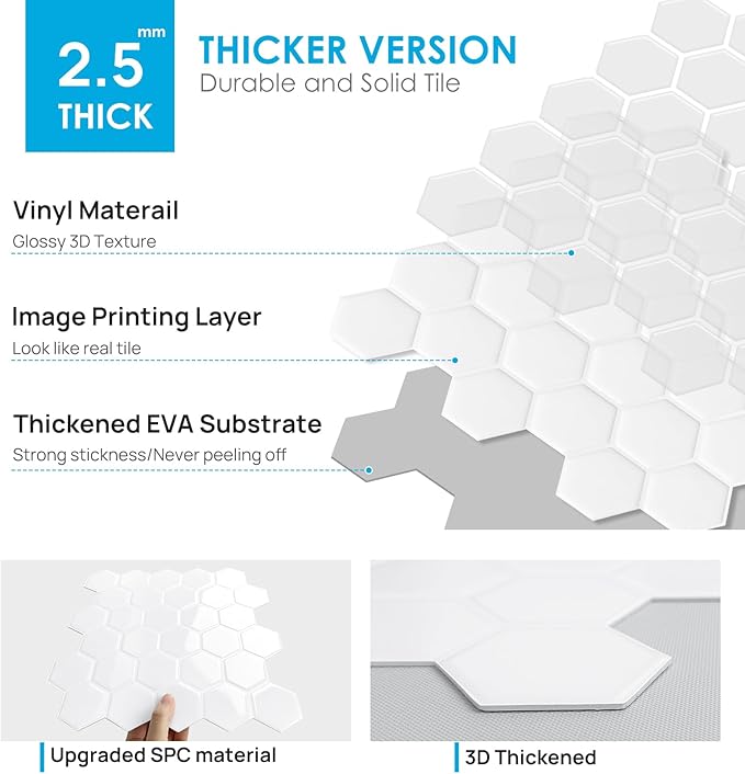 10-Sheet Hexagon Peel and Stick Backsplash for Kitchen, New Upgrade Premium Extra Thicker Design 3D Self Adhesive Wall Tiles, Large Stick on Tiles for Kitchen and Bathroom (12" x 12")