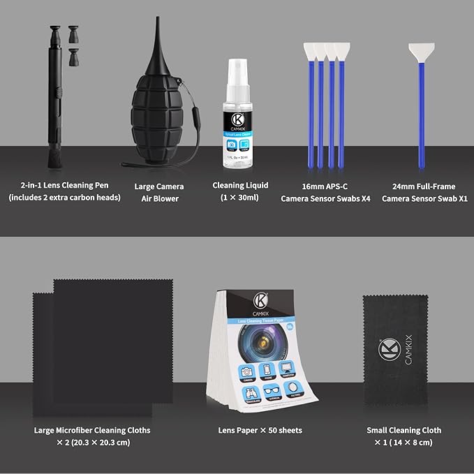 Camkix 14-in-1 Camera Lens Cleaning Kit - Includes Advanced Large Silicone Air Blower, 2in1 Lens Cleaning Pen, Dry Swabs, Cleaning Paper, 30 ML Optical Lens Spray for Mirrorless Cameras, APS-C, DSLR