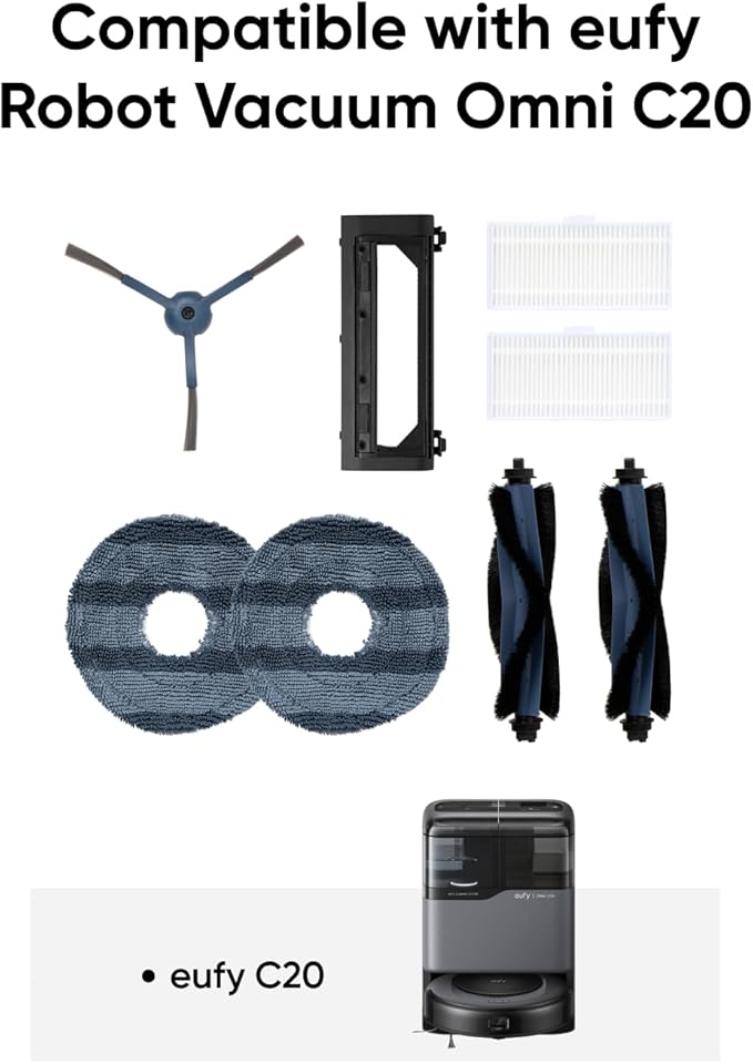 eufy Official Accessory Kit for Robot Vacuum Omni C20, 2 Side Brushes, 2 Washable Filters, 1 Rolling Brush, 1 Brush Guard, 2 Mop Pads