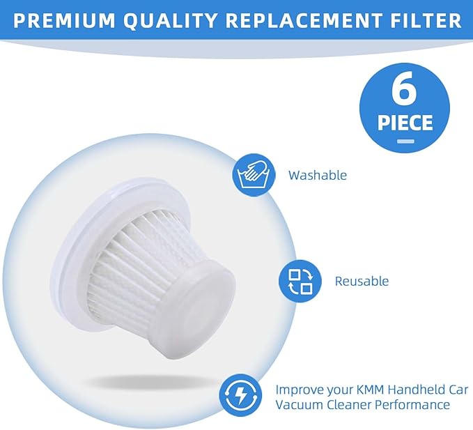 6-Pack LT-117C HEPA Filter Replacement: ONLY for KMM LT-117C Handheld Car Vacuum Cleaner (Blue Body)
