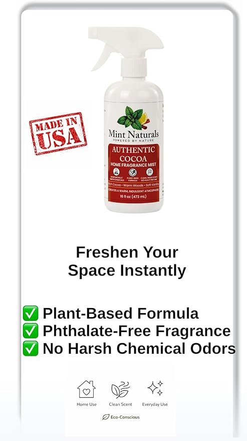 Natural Cocoa Room Spray & Odor Eliminator – Authentic Chocolate Fragrance Mist That Helps Refresh Indoor Air, 16 oz – Made in USA by Mint Naturals
