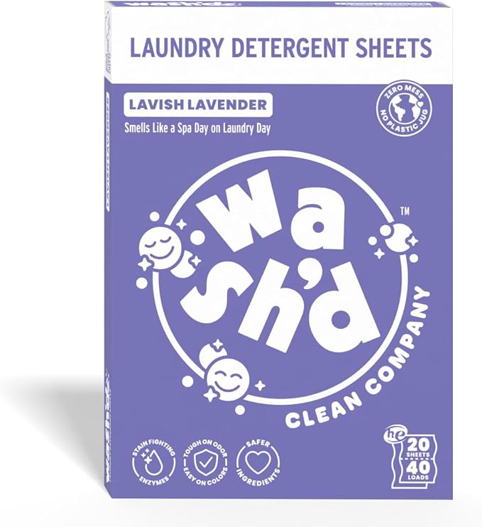 Wash'd Laundry Detergent Sheets - 40 Loads - Non Toxic Stain Fighting Enzymes - Plastic Free Travel Friendly Drawer Box - Lavish Lavendar