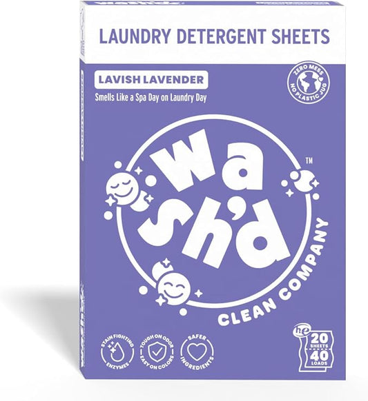 Wash'd Laundry Detergent Sheets - 40 Loads - Non Toxic Stain Fighting Enzymes - Plastic Free Travel Friendly Drawer Box - Lavish Lavendar