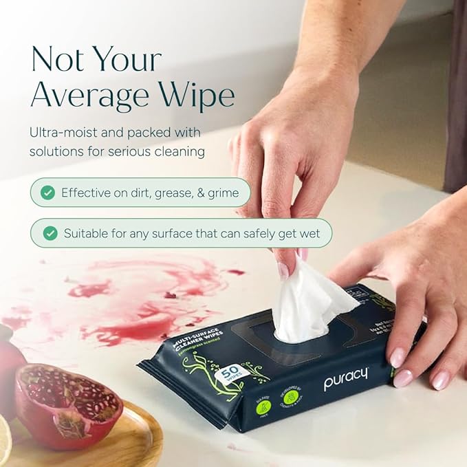 Puracy Multi-Surface Cleaning Wipes – Non Toxic Multi Surface Cleaner for Grease & Grime, All Purpose Appliance Wipes, Lemongrass Scent (10.8 oz, 3 Pack, 150 Count)