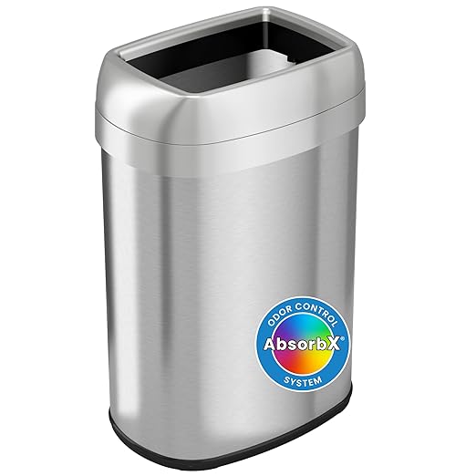 iTouchless 13 Gallon Oval Open Top Trash Can and Recycle Bin with Double AbsorbX Odor Filters, Space-Saving Large Capacity Commercial Grade for Home, Office, Garage, Business, Stainless Steel