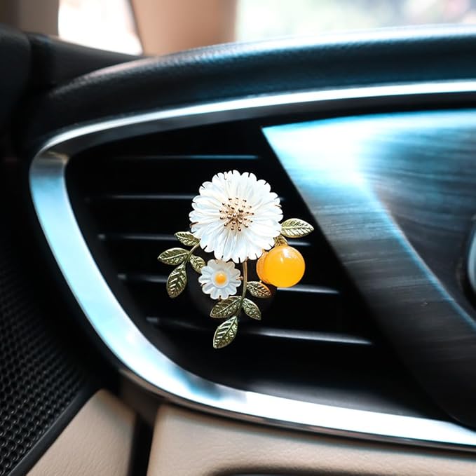 Flower Car Accessories,2pcs Daisy Air Vent Clips Car Air Freshener,Natural Shell Material Flower Dashboard Decor Car Charm for Women Mom