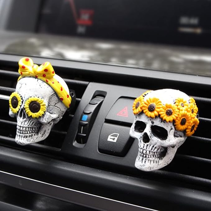 Sugar Skull Decor for Women Sunflower Air Fresheners Car Accessories Interior Aesthetic Dashboard Decorations Truck Stuff for Girls Cute Auto Charm Vent Clips Halloween Decors Easter Gifts for Women