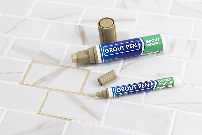 Grout Pen Tile Paint Marker: Waterproof Grout Colorant and Sealer Pen to Renew, Repair, and Refresh Tile Grout - Cleaner Coating Stain Pens - 2 Pack, 5mm Narrow and 15mm Wide Tip Pen - Beige