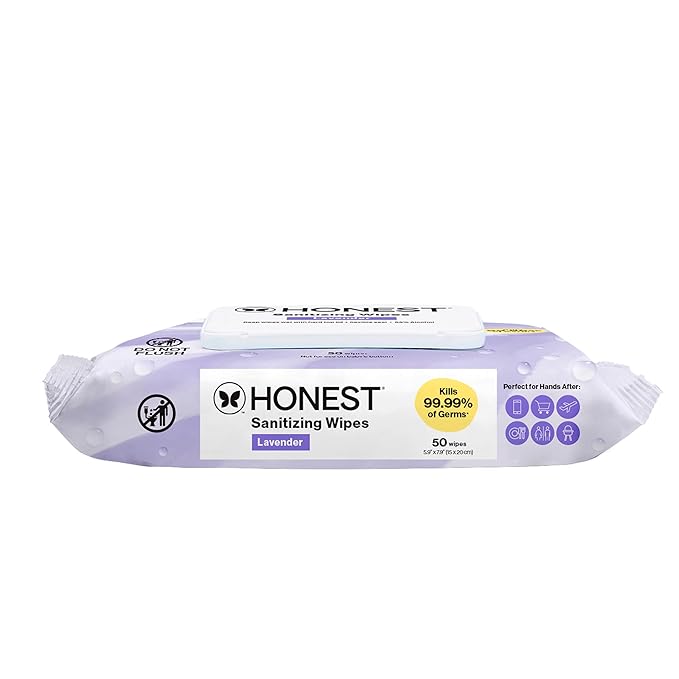 The Honest Company Lavender Sanitizing Wipes, Kills 99.99% of Germs, Safe for All Hands, Antibacterial, Dermatologist Tested, 50 Count