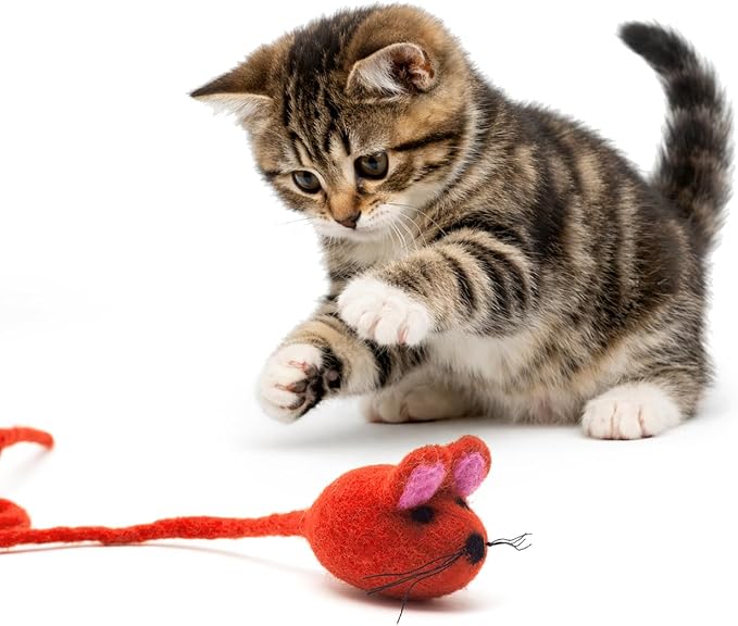 Glaciart One Felt Mouse Cat Toy – Soft Fuzzy Enrichment 100% Natural Wool - Interactive Catnip Play Cat Toy Set - Safe for Pets, Non-AZO Colored Dyes - 42” Long