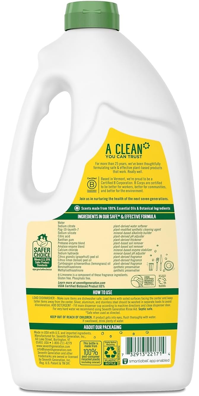 Seventh Generation Natural Automatic Dishwasher Gel, Lemon, 42 Oz Bottle