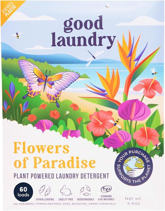 Good Laundry Detergent Sheets - Flowers of Paradise Scented (60 Loads) - Eco-Friendly Laundry Detergent Sheets, Hypoallergenic, No Plastic Jugs or Waste - Based in the USA