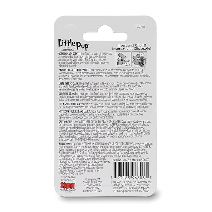 Little Pup 96603 Ocean Splash Scent, Car Air Freshener, Clips to A/C Air Vent, Alcohol-Free Fragrance Oil, Non-Hazardous and Non-Toxic Plastic, Set of 1