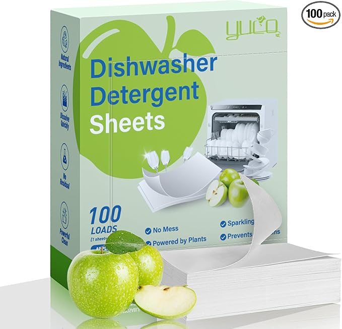 Dishwasher Detergent Sheets 100 Loads Eco Friendly Dishwasher Detergent Plastic-Free Washer Sheets Alternative(Green Apple)