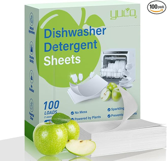 Dishwasher Detergent Sheets 100 Loads Eco Friendly Dishwasher Detergent Plastic-Free Washer Sheets Alternative(Green Apple)