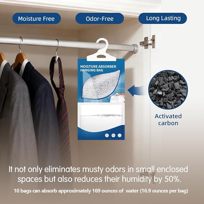 Hanging High-Purity Moisture Absorber, 10 Pack with Activated Carbon, eliminates Musty Odors During humid Summers, Ideal for Drawers and wardrobes,15% Greater Moisture Absorption. (169 oz)