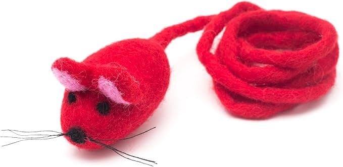 Glaciart One Felt Mouse Cat Toy – Soft Fuzzy Enrichment 100% Natural Wool - Interactive Catnip Play Cat Toy Set - Safe for Pets, Non-AZO Colored Dyes - 42” Long