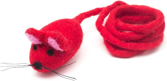 Glaciart One Felt Mouse Cat Toy – Soft Fuzzy Enrichment 100% Natural Wool - Interactive Catnip Play Cat Toy Set - Safe for Pets, Non-AZO Colored Dyes - 42” Long