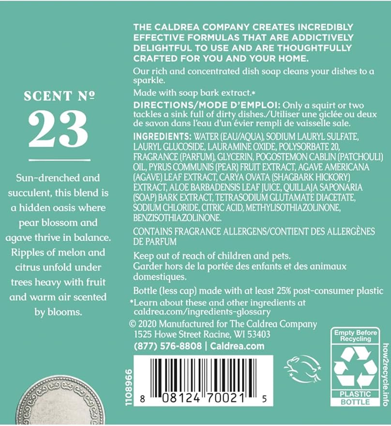 Caldrea Dish Soap, Biodegradable Dishwashing Liquid made with Soap Bark and Aloe Vera, Pear Blossom Agave Scent, 16 oz