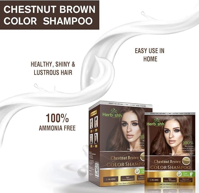 Herbishh Hair Color Shampoo for Gray Hair Chestnut Brown + Hair Color Stain Remover Wipes - Travel Pack With 5 Wipes
