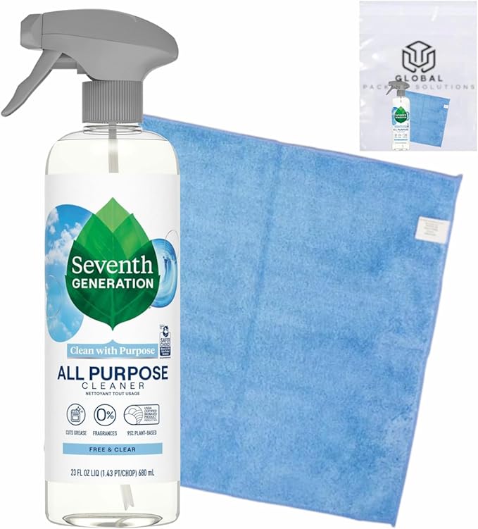 Seventh Gen Non-toxic Eco-friendly All Purpose Streak-free Cleaner Degreaser, Fragrances Free, 23 Fl Oz bundled with Microfiber Cloth