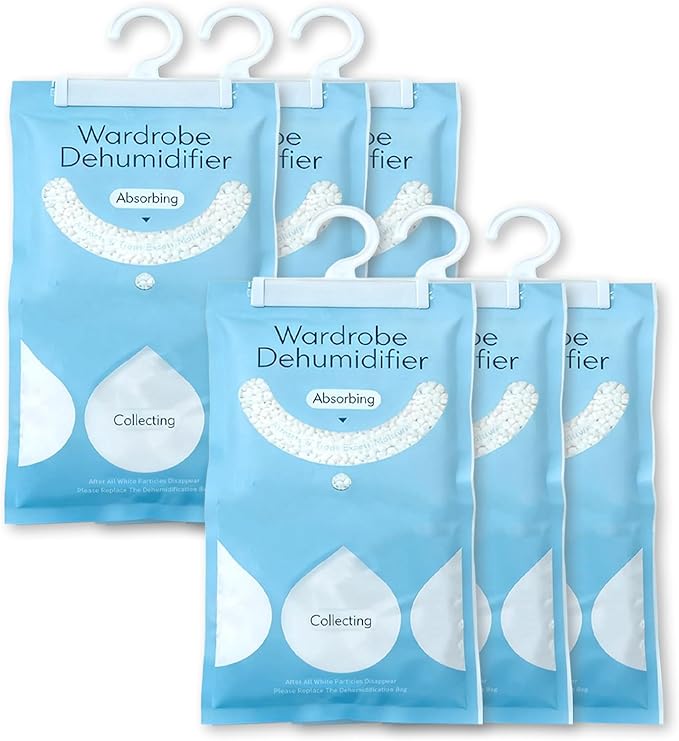 6 in 1 Moisture Absorbers Packets Set, Dehumidifier Bags for Closet, Unscented Hanging Humidity Absorber in Wardrobes, Bedrooms, Bathrooms, Car and More (Capacity 500 Milliliters/Bag；6 Bags)