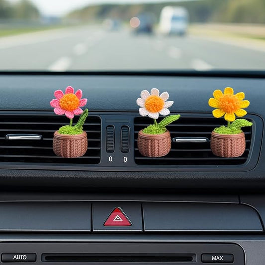 Cute Daisy Air Vent Decorations, Handmade Crochet Air Freshener Vent Clip, 3 Pack Vent Clips Accessories for Women Car Decor Gifts (Daisy, Tasteless)