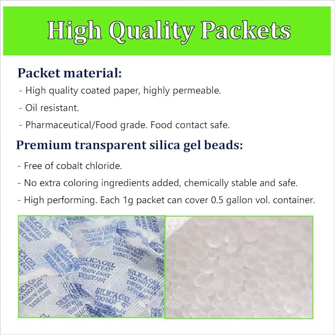 Premium Silica Gel Desiccant Packs 1 Gram 100 Packets Moisture Absorbers Dehumidifier Oil Resistant Food Pharmaceutical Contact Safe for Storage