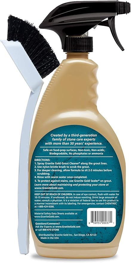 Granite Gold Grout Cleaner Spray with Brush for Stone, Ceramic, Glass & Colored Grout, 24 Ounce