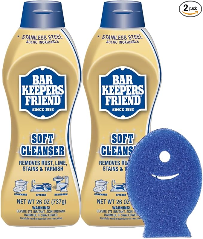 Bar Keepers Friend Soft Cleanser Liquid (2 x 26 oz) Plus Dish Fish Sponge - Multipurpose Cleaner & Rust Stain Remover for Stainless Steel, Porcelain, Ceramic Tile, Copper, Brass & More