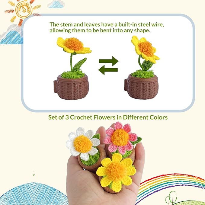 Cute Daisy Air Vent Decorations, Handmade Crochet Air Freshener Vent Clip, 3 Pack Vent Clips Accessories for Women Car Decor Gifts (Daisy, Tasteless)