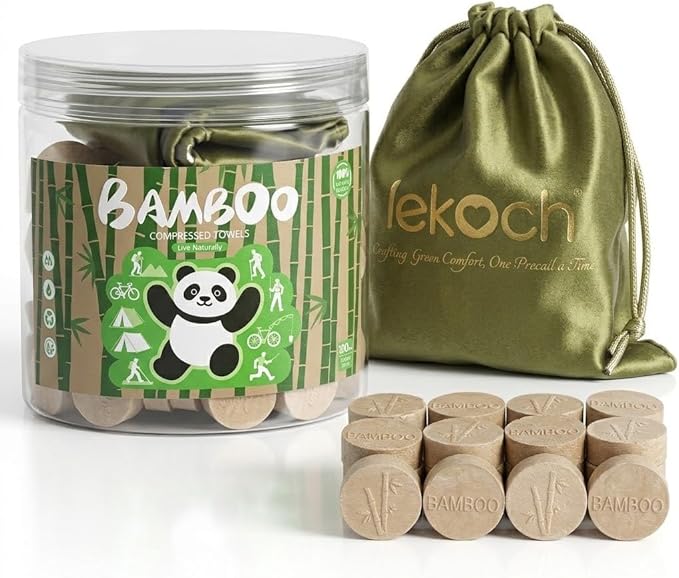 LEKOCH 100 Pcs Compressed Towel Tablets - Biodegradable Disposable Bamboo Towels for Camping, Travel, Gym | Eco-Friendly Toilet Paper Alternative & Body Wipes